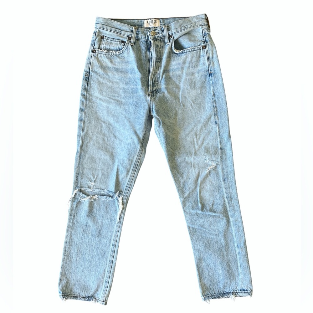 Agolde Riley High Rise Straight Crop jeans light blue distressed size 27 - Picture 2 of 12